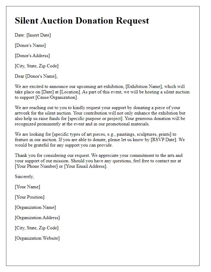 Letter template of silent auction donation request for art exhibitions.