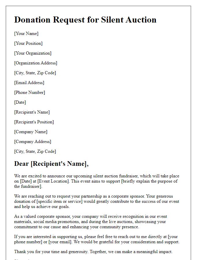 Letter template of silent auction donation request for corporate sponsorship.