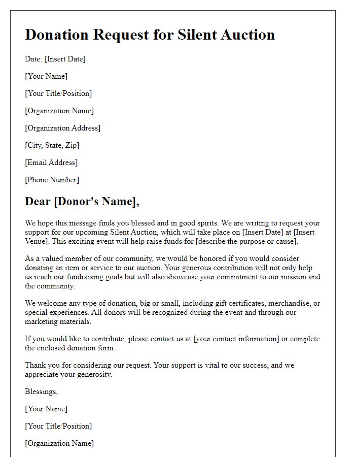 Letter template of silent auction donation request for religious organizations.