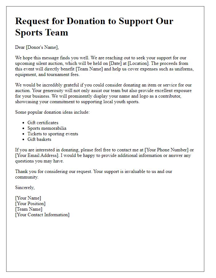 Letter template of silent auction donation request for sports teams.