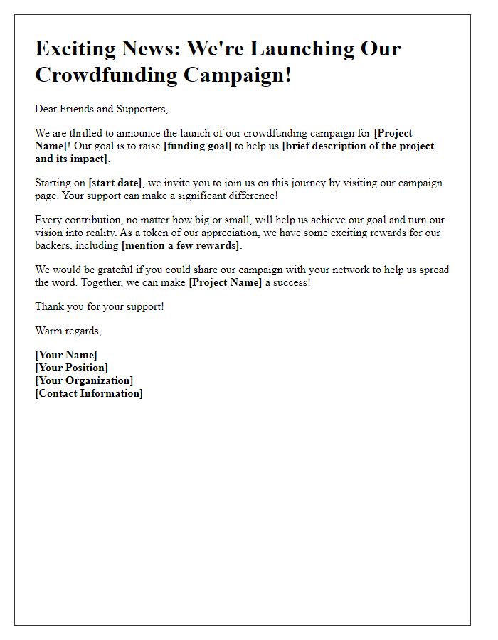 Letter template of a crowdfunding campaign announcement