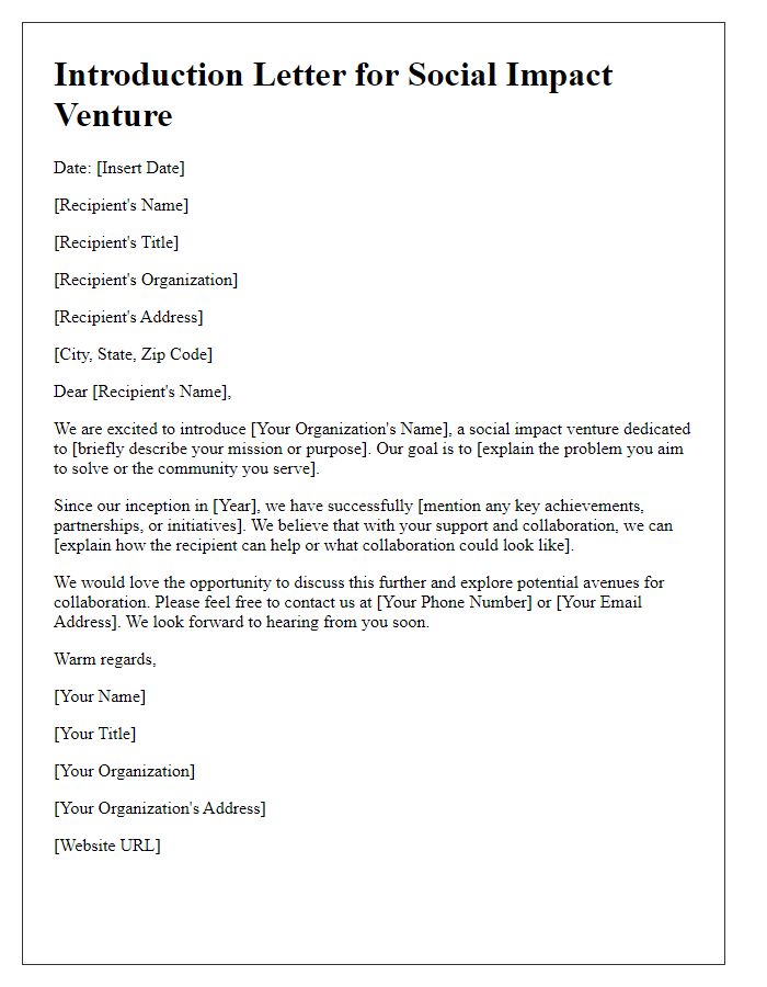 Letter template of a social impact venture introduction