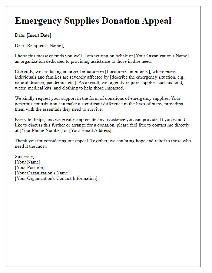 Letter template of appeal for urgent emergency supplies donation