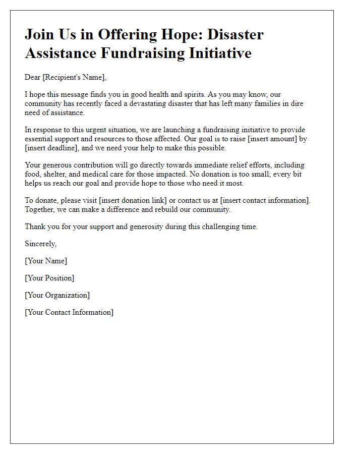 Letter template of disaster assistance fundraising initiative