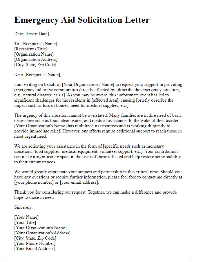 Letter template of emergency aid solicitation for affected communities