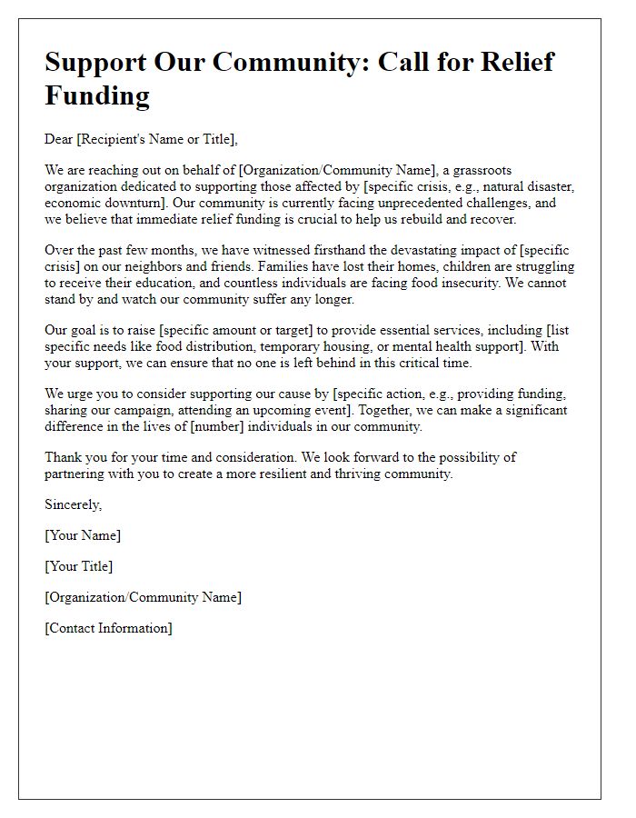 Letter template of grassroots campaign for relief funding