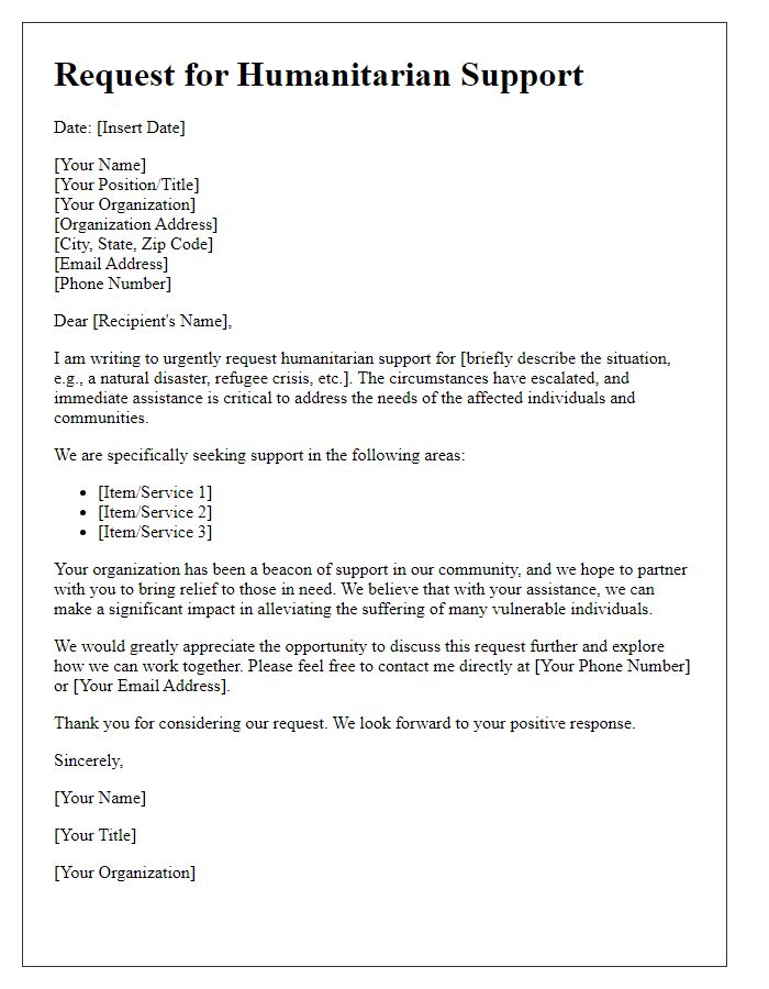 Letter template of immediate request for humanitarian support