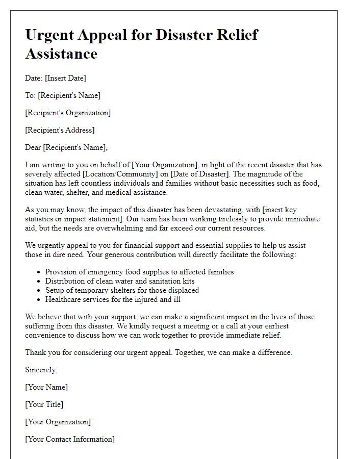 Letter template of urgent appeal for disaster relief assistance