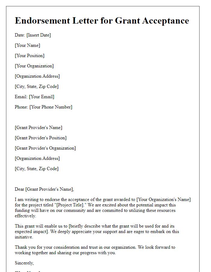 Letter template of endorsement for grant acceptance in charity