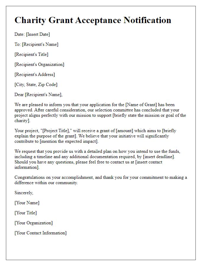 Letter template of notification regarding charity grant acceptance