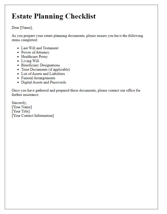 Letter template of estate planning checklist for document preparation