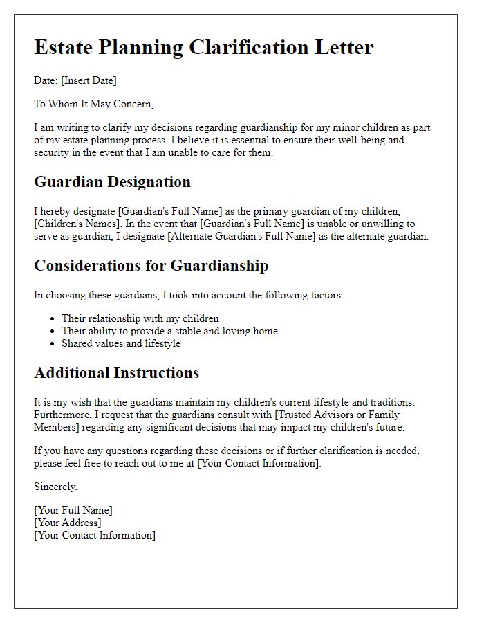 Letter template of estate planning clarification for guardianship decisions