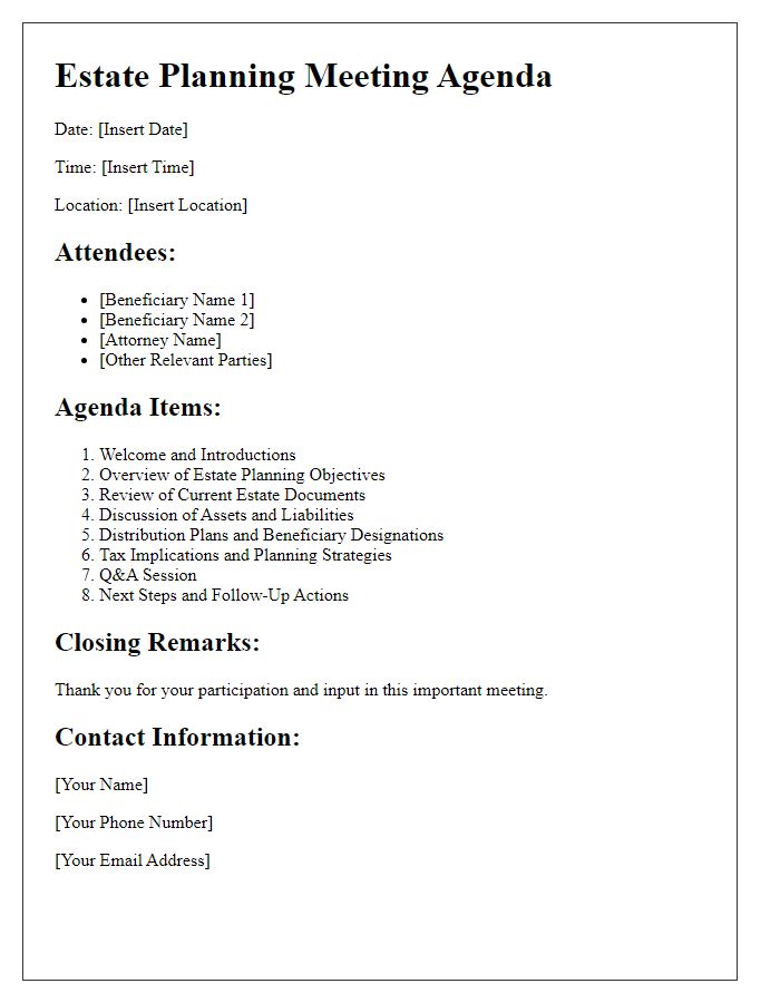 Letter template of estate planning meeting agenda for beneficiaries