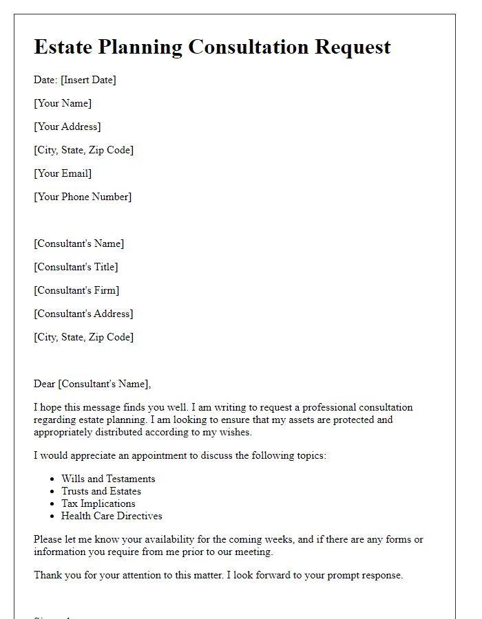 Letter template of estate planning request for professional consultation