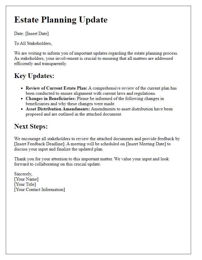 Letter template of estate planning update for all stakeholders