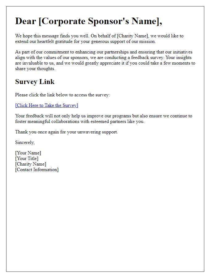Letter template of charity feedback survey for corporate sponsors.