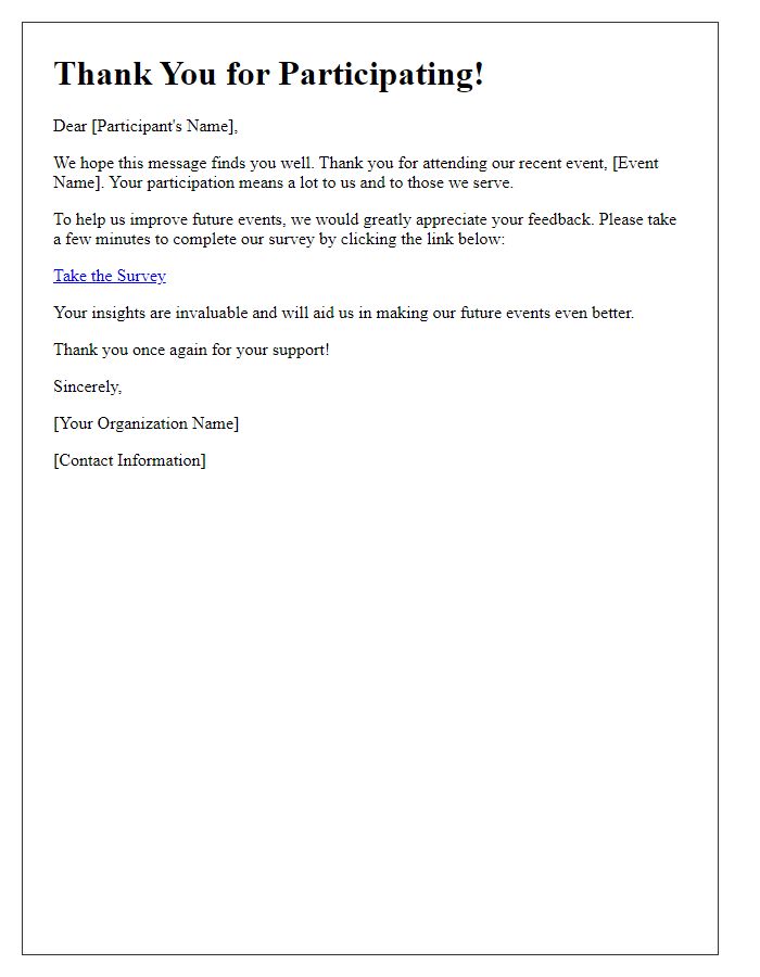 Letter template of charity feedback survey for event participants.