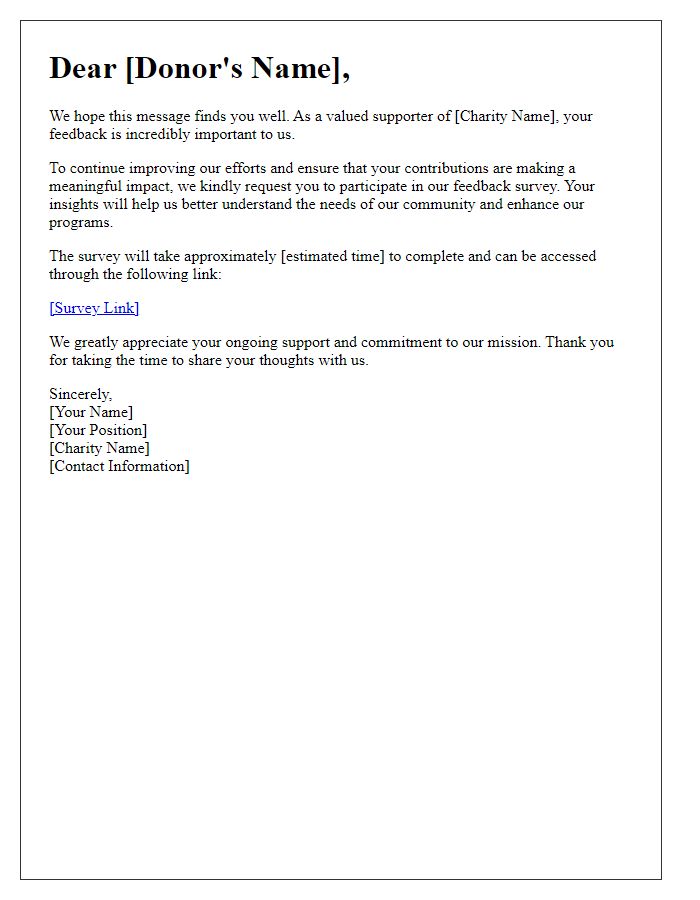Letter template of charity feedback survey request for donors.