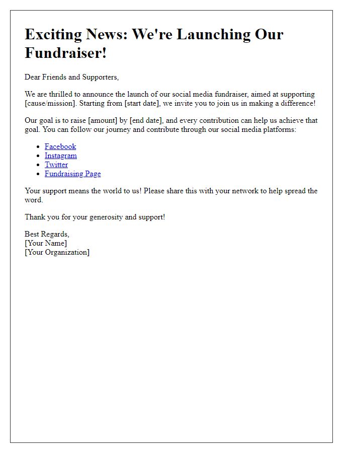 Letter template of social media fundraiser launch announcement