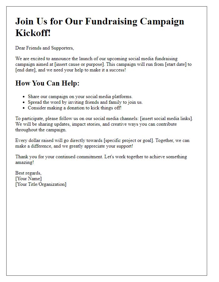 Letter template of social media fundraising campaign kickoff