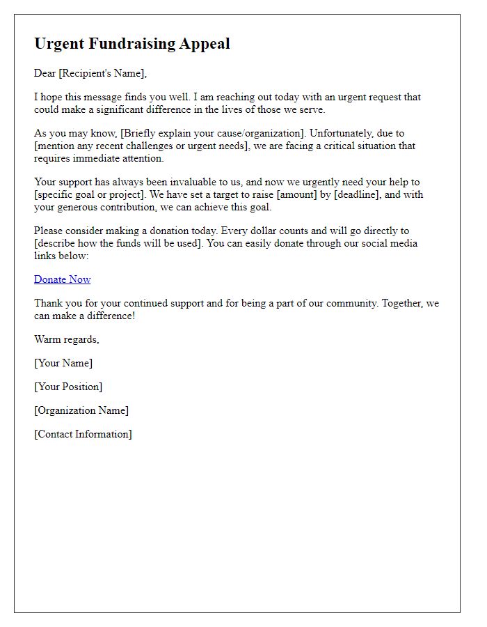 Letter template of social media fundraising urgency appeal