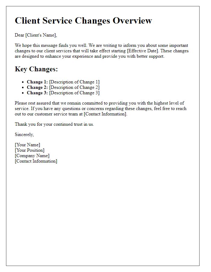 Letter template of client service changes overview