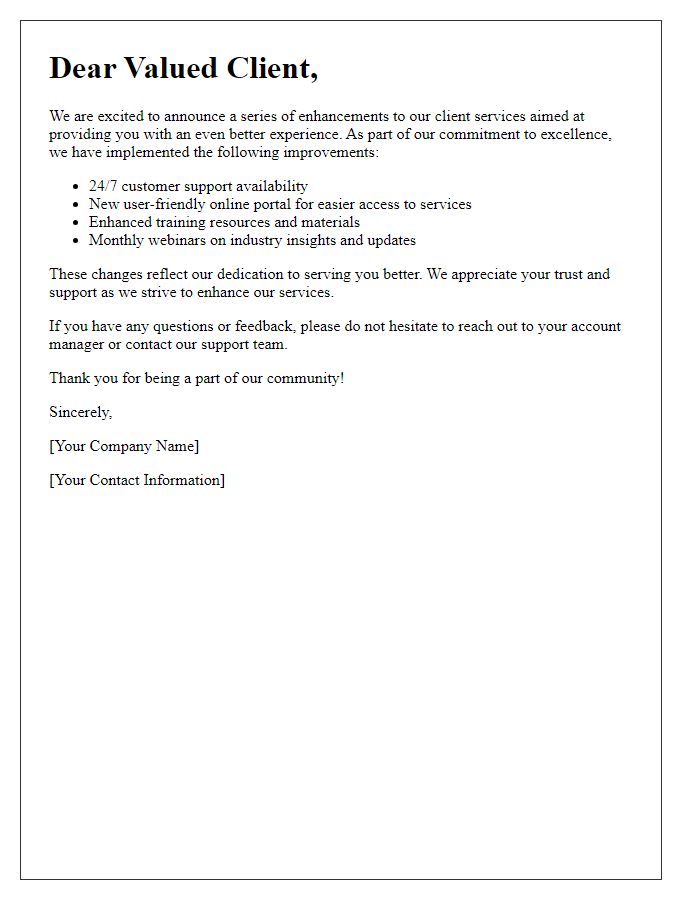 Letter template of client service enhancement notification