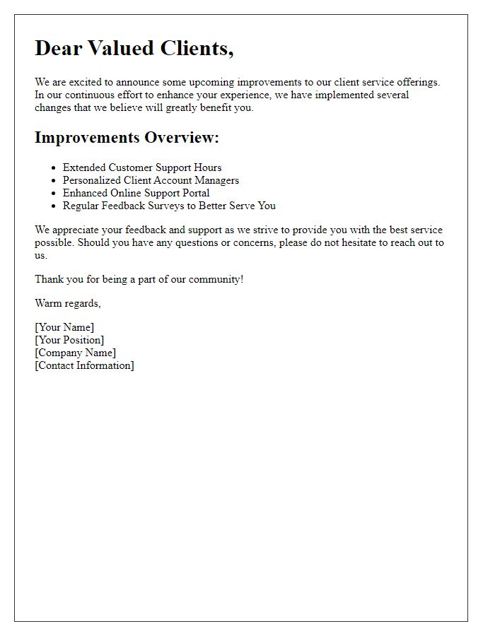 Letter template of client service improvement announcement