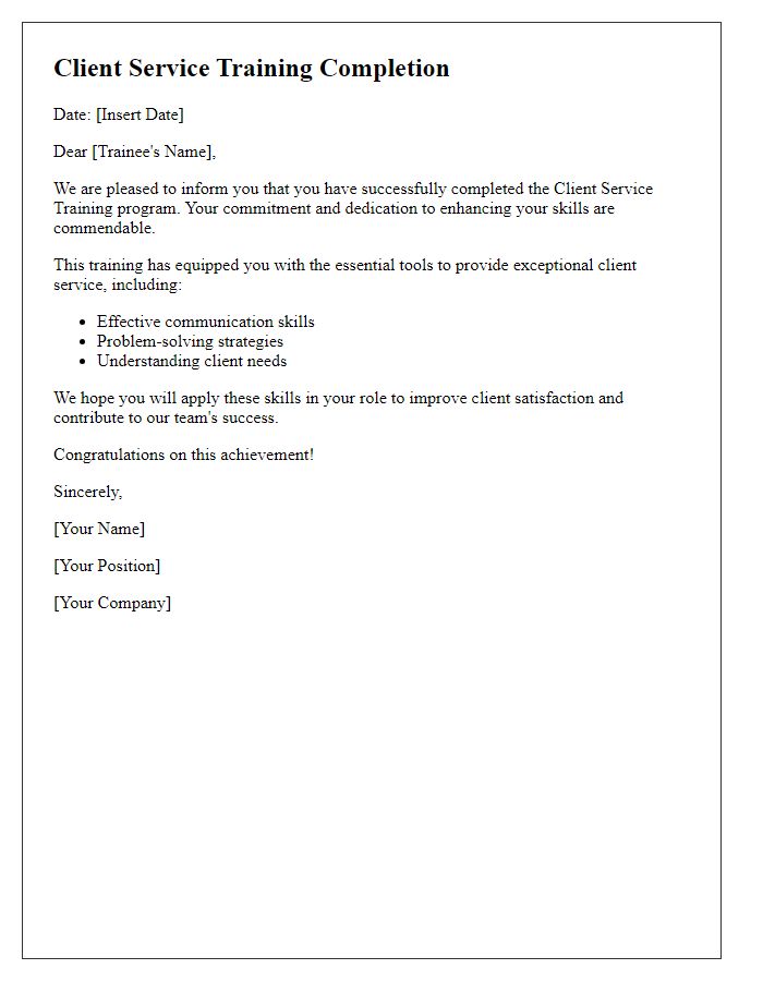 Letter template of client service training completion