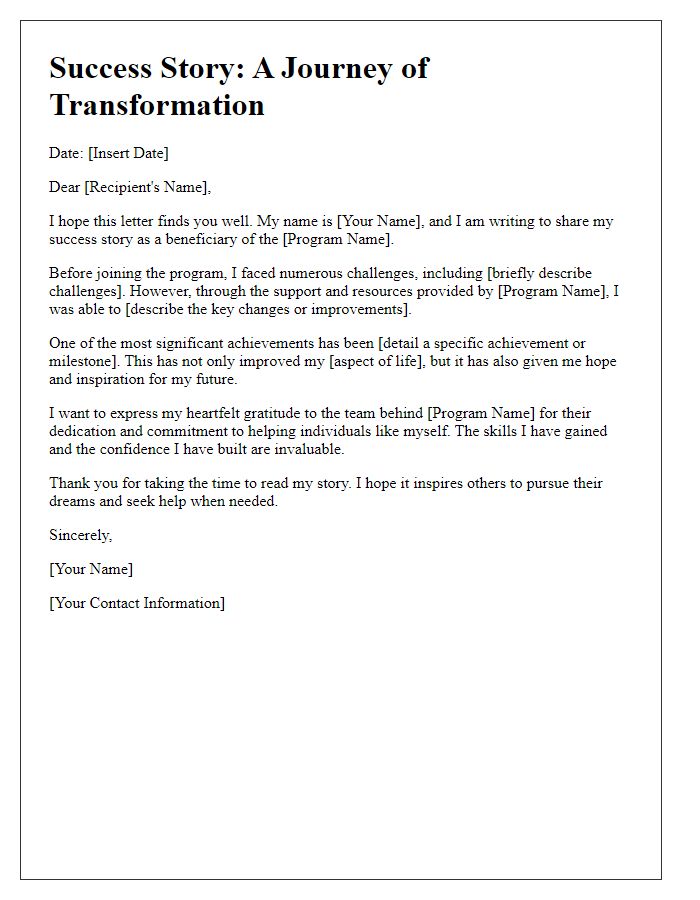 Letter template of a success story from a program beneficiary.