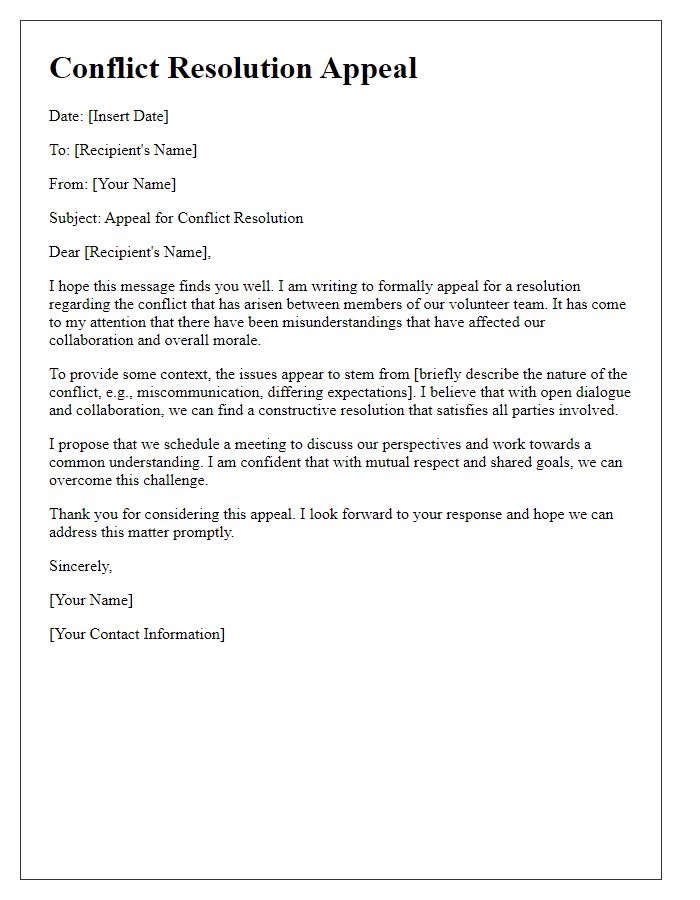 Letter template of conflict resolution appeal for volunteer teams