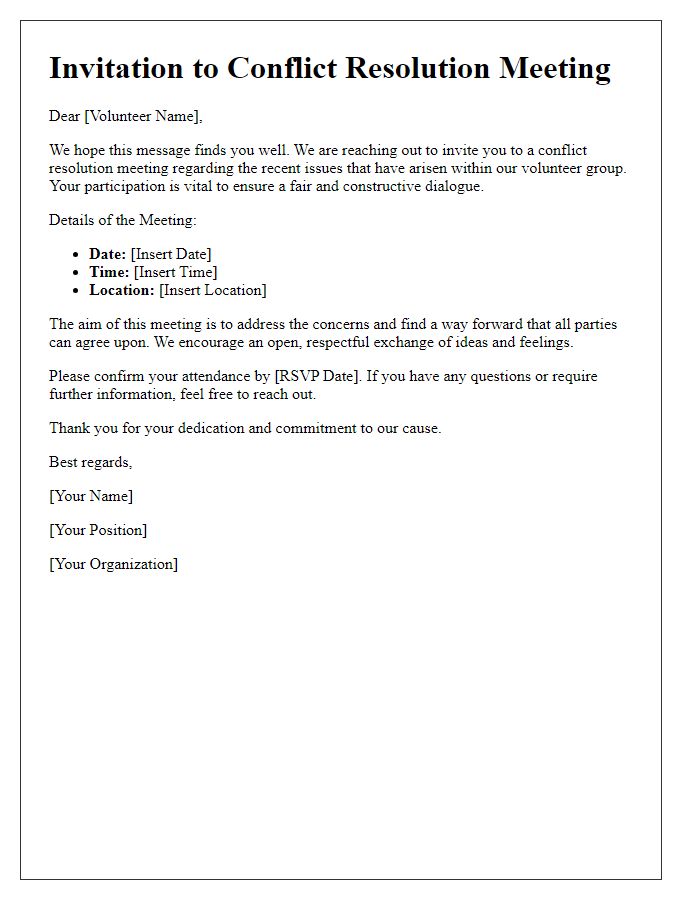 Letter template of conflict resolution invitation for volunteers