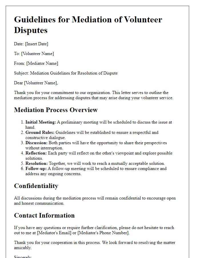 Letter template of mediation guidelines for volunteer disputes