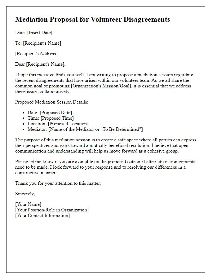 Letter template of mediation proposal for volunteer disagreements