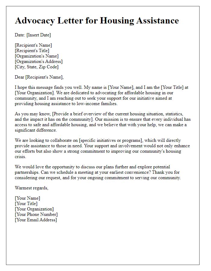 Letter template of nonprofit advocacy for housing assistance