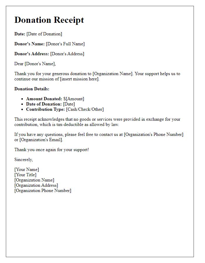 Letter template of charitable donation receipt for tax purposes