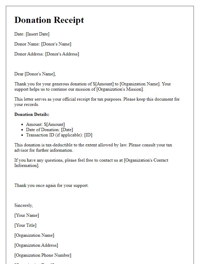 Letter template of donation receipt with tax benefits information