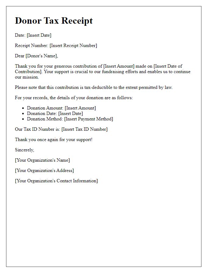 Letter template of donor tax receipt for fundraising contributions