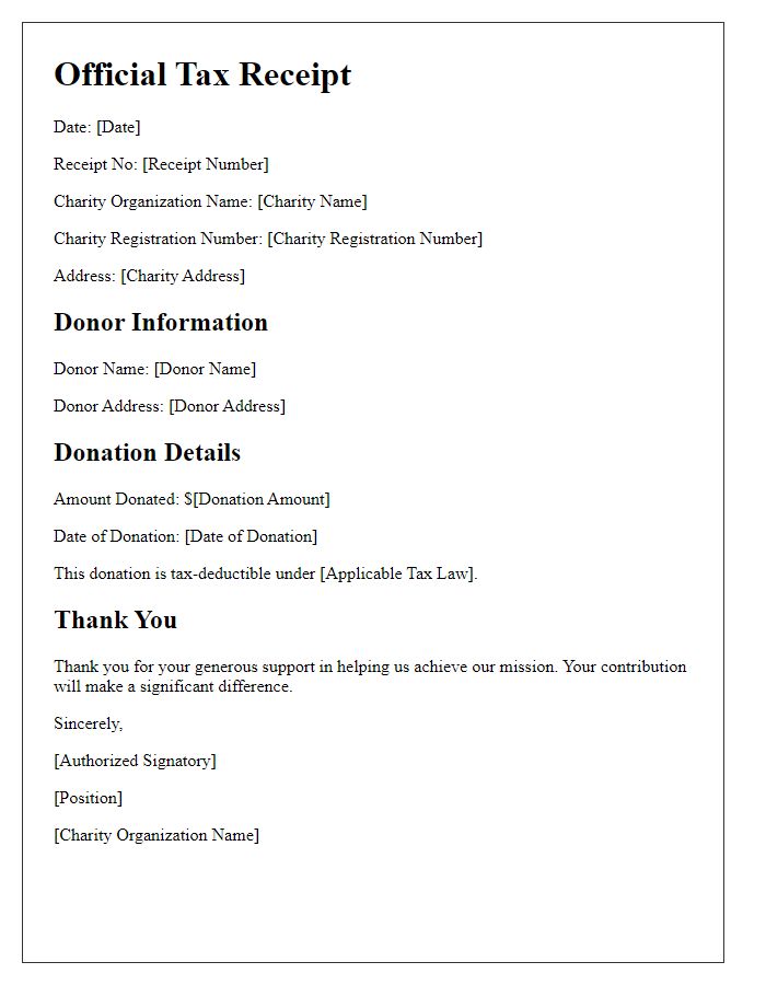 Letter template of official tax receipt for charitable support