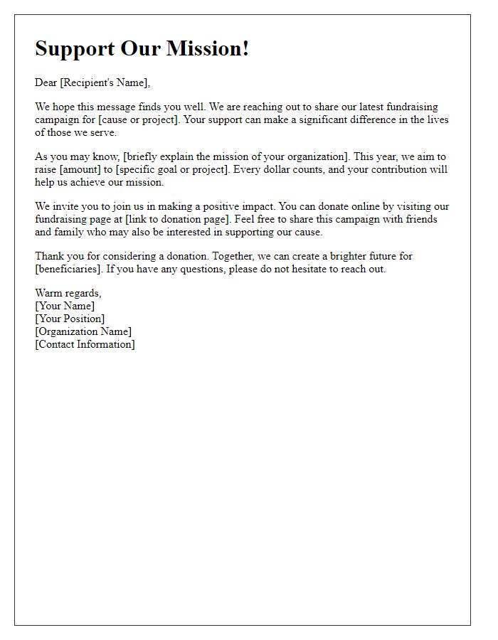 Letter template of online fundraiser donation appeal.