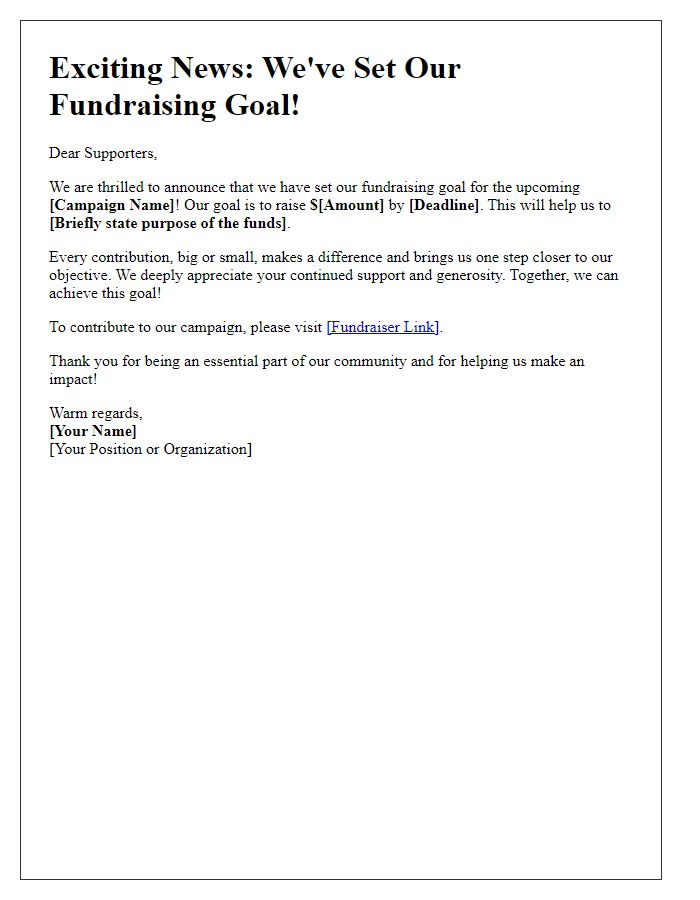 Letter template of online fundraiser goal announcement.