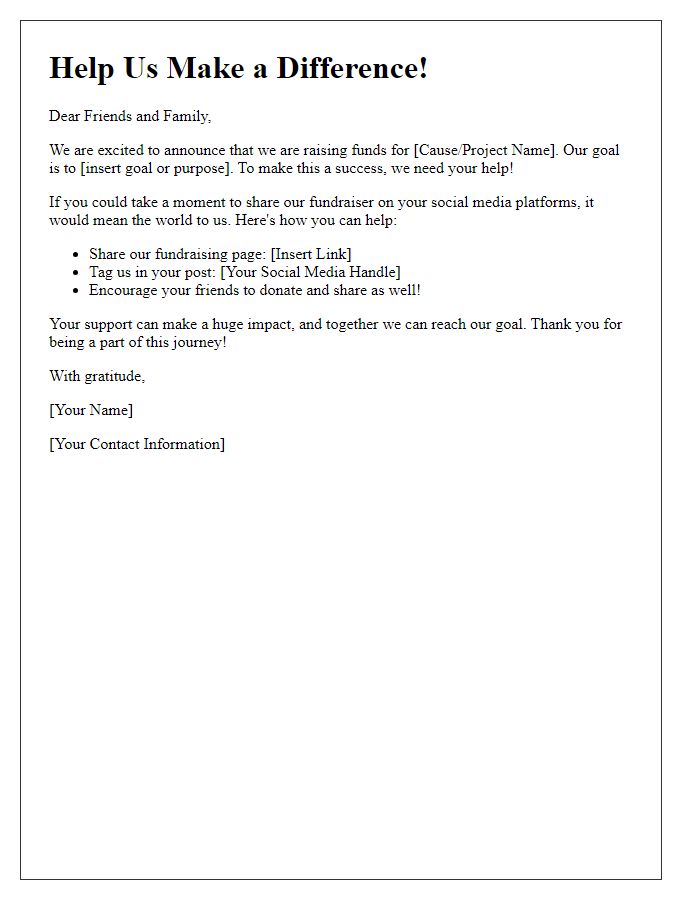 Letter template of online fundraiser social media share request.