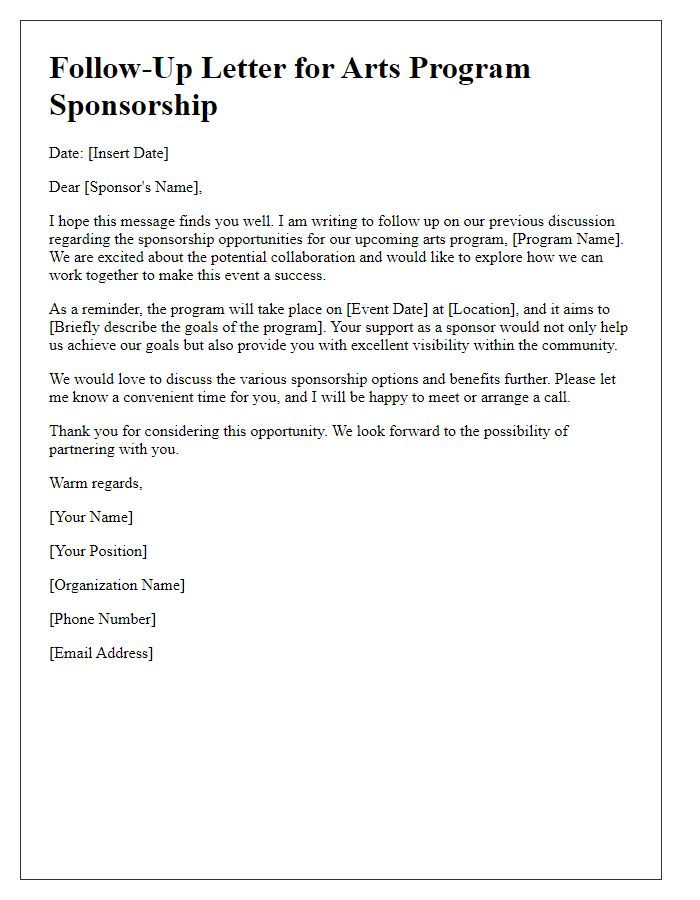 Letter template of sponsorship follow-up for arts program.