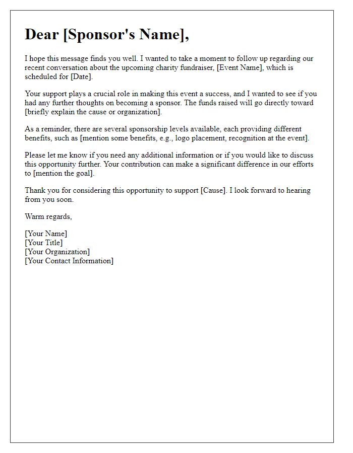 Letter template of sponsorship follow-up for charity fundraiser.