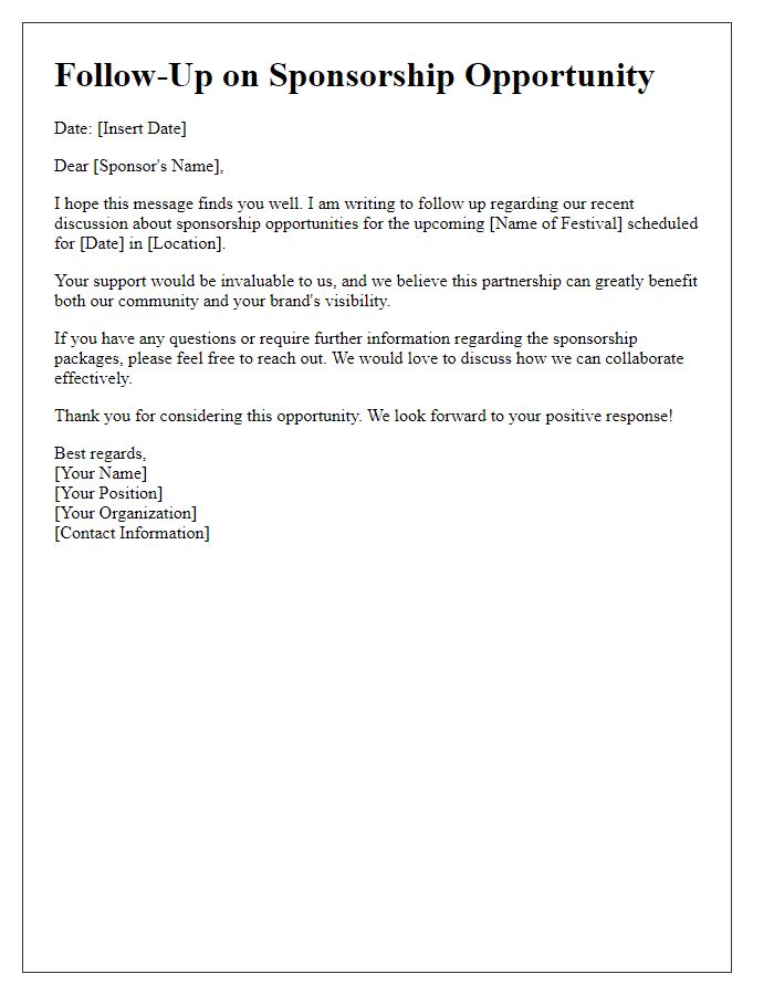 Letter template of sponsorship follow-up for community festival.