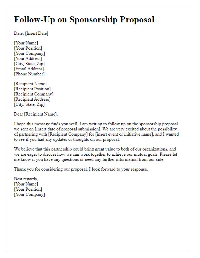 Letter template of sponsorship follow-up for corporate partnership.