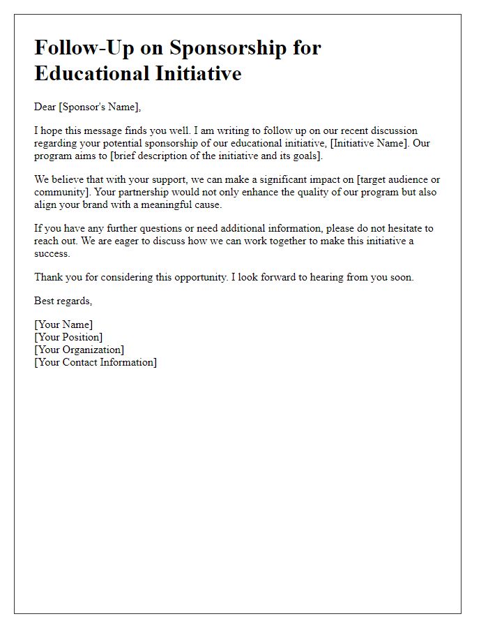 Letter template of sponsorship follow-up for educational initiative.