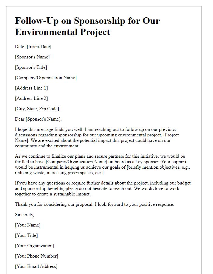 Letter template of sponsorship follow-up for environmental project.