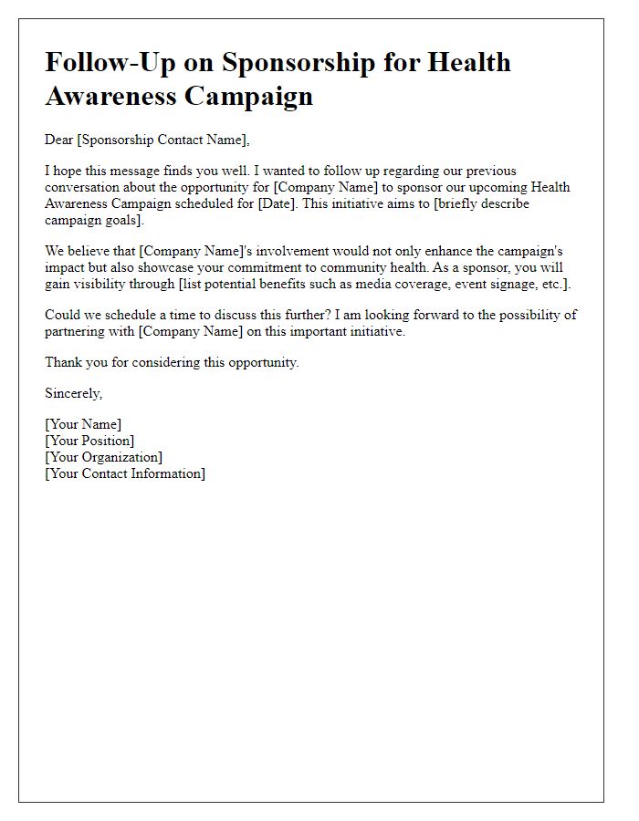 Letter template of sponsorship follow-up for health awareness campaign.