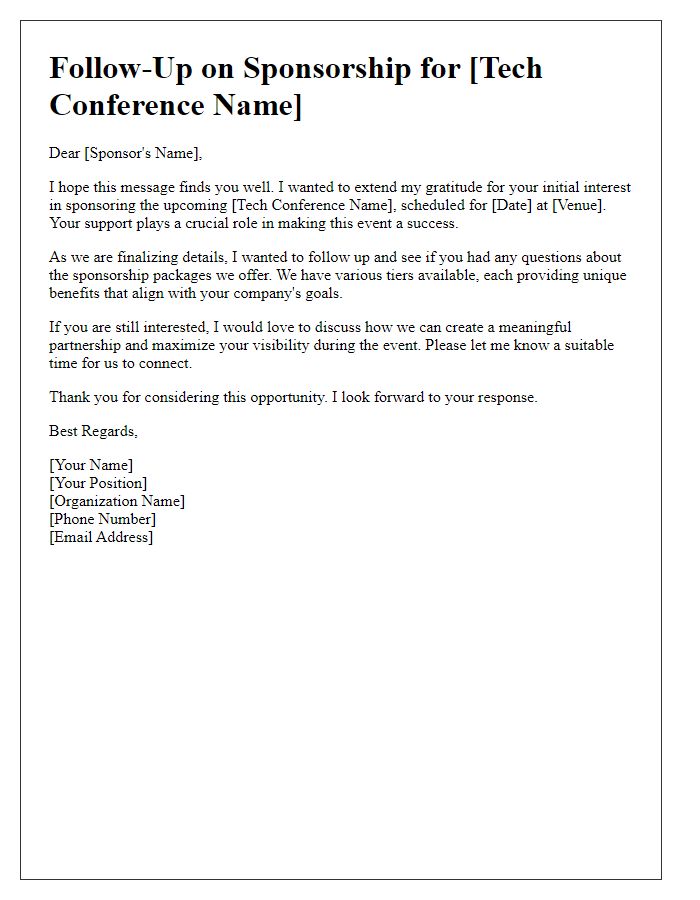 Letter template of sponsorship follow-up for tech conference.